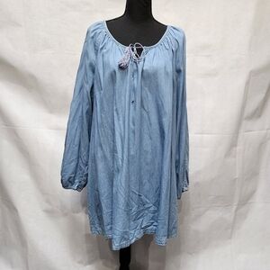 Ellos Blue Denim Tunic 100% Cotton With Tassle Tie Neck Size  1X